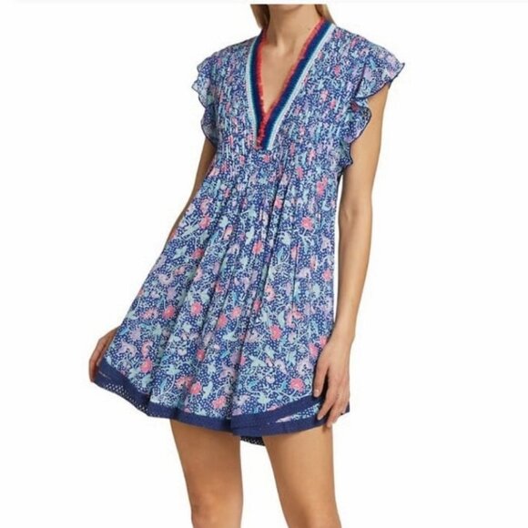 Poupette St Barth 100% Viscose Sasha Mini Dress Blue Pink Floral Size Small - Picture 1 of 10